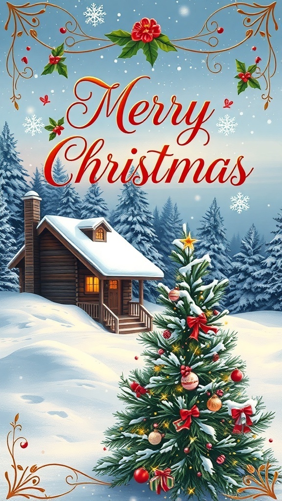A festive Christmas card with a snowy cabin and decorated tree, wishing Merry Christmas.